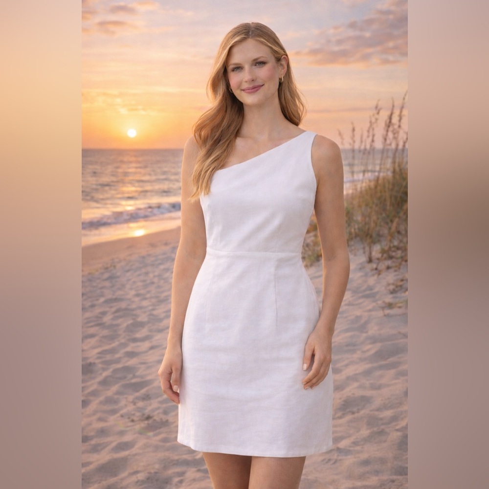 A New Day One Shoulder Linen Blend Dress M White Wedding Cruise Resort Prom